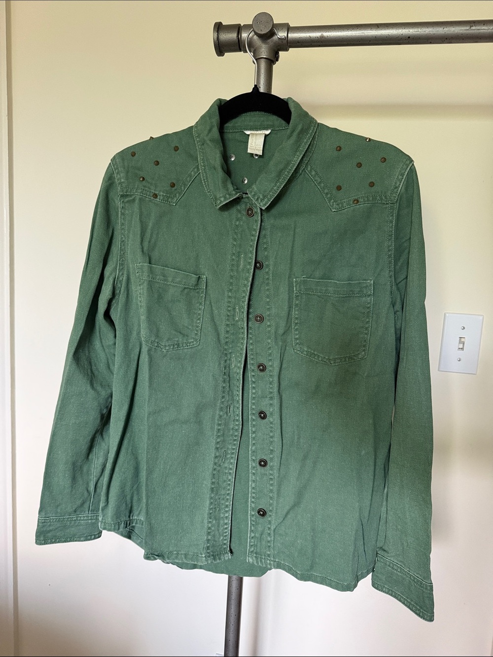 Forever 21 Men's Olive Green Button-Down Shirt with Stud Details